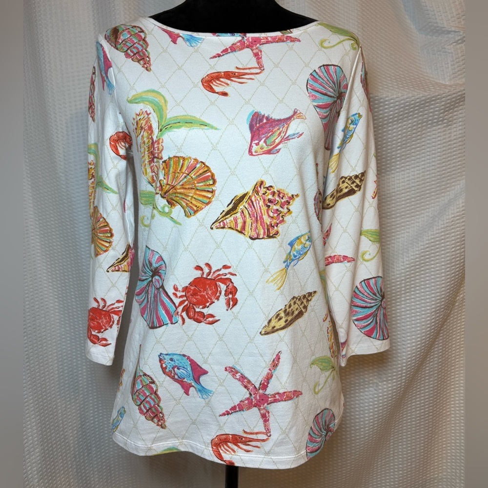 Talbots 3/4 sleeve blouse bateau neck underwater world print fish seashells S